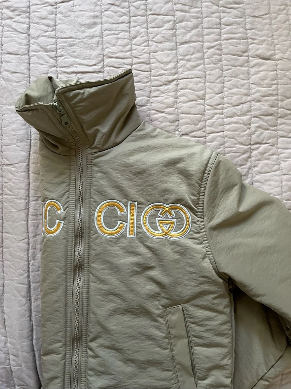 Gucci Light Khaki Embroidered Logo Bomber Jacket with Gold Accents